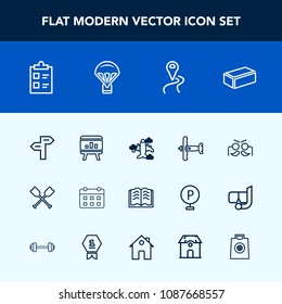 Modern, simple vector icon set with military, infographic, plane, list, carnival, education, road, calendar, boat, route, map, business, day, book, material, time, airplane, party, canoe, paper icons