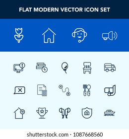 Modern, simple vector icon set with internet, call, travel, megaphone, communication, financial, balloon, cash, chat, closed, destination, computer, office, celebration, bank, floral, highway icons