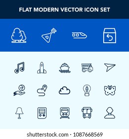 Modern, simple vector icon set with space, finance, dump, cloud, ocean, launch, email, location, music, boat, business, map, tree, forest, truck, railway, box, vehicle, route, shuttle, rocket icons