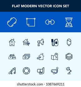Modern, simple vector icon set with home, skater, cash, safety, message, key, cream, loudspeaker, finance, time, skateboard, office, timer, money, danger, rent, architecture, roof, exercise, ice icons