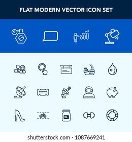 Modern, simple vector icon set with poster, lamp, marine, space, people, military, billboard, finger, war, communication, staff, development, touch, home, interior, abstract, entertainment, pump icons