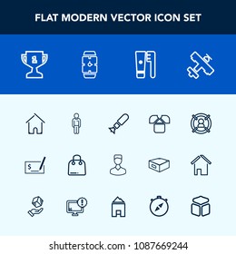 Modern, simple vector icon set with sign, tshirt, aircraft, travel, airplane, architecture, pay, human, target, estate, sale, fashion, plane, first, achievement, paper, building, bomb, customer icons
