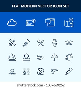Modern, simple vector icon set with bubble, pin, lamp, sport, travel, team, service, environment, cloud, flipper, location, airplane, center, message, aircraft, sea, bulb, balance, trumpet, boat icons