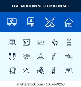 Modern, simple vector icon set with cassette, house, hair, electric, business, bread, home, stereo, clock, notebook, index, people, science, infographic, screen, computer, time, professional icons