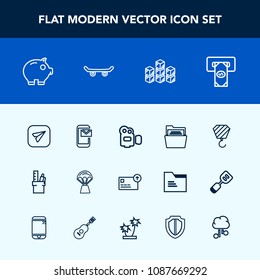 Modern, simple vector icon set with board, handle, storage, paper, mail, business, industrial, film, communication, bank, currency, internet, equipment, folder, construction, travel, extreme icons