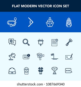 Modern, simple vector icon set with video, door, house, electric, money, currency, handle, snorkel, sign, estate, contract, plug, key, chat, vessel, film, button, equipment, cash, lantern, metal icons