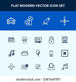Modern, simple vector icon set with vehicle, transport, travel, sky, note, glasses, balloon, mug, night, video, train, dollar, musical, holiday, telescope, transportation, coffee, player, money icons