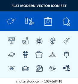 Modern, simple vector icon set with display, orbit, wine, movie, drum, communication, tripod, space, white, glass, video, present, photo, property, seamark, web, apartment, alcohol, decoration icons