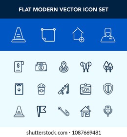 Modern, simple vector icon set with business, currency, center, sale, fishing, location, technology, fish, landscape, uniform, finance, audio, concept, music, radius, house, nature, cash, tree icons
