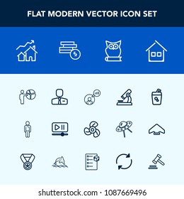 Modern, simple vector icon set with computer, cash, player, owl, juice, biology, people, drink, business, air, microscope, video, real, male, employer, work, animal, cocktail, research, employee icons