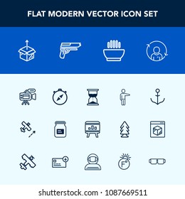 Modern, simple vector icon set with infographic, clock, ship, container, hour, hourglass, refresh, can, travel, aluminum, white, chart, person, wheel, airplane, pointing, package, tripod, camera icons