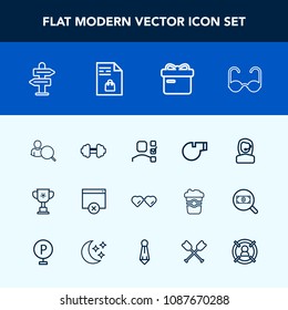 Modern, simple vector icon set with fashion, box, shopping, call, plan, victory, center, cup, page, championship, sun, computer, way, whistle, sport, headset, notebook, market, sign, web, gym icons