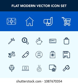 Modern, simple vector icon set with football, money, snorkel, cheque, transportation, magician, cart, bag, internet, coin, business, investment, web, sea, water, bank, finance, male, soccer, cut icons