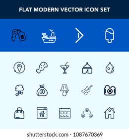 Modern, simple vector icon set with light, food, adventure, tent, fast, juice, drop, water, finance, snack, cocktail, bulb, money, chicken, drink, cloud, glass, sweet, communication, banking icons