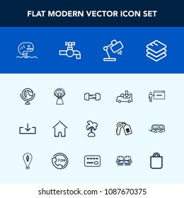 Modern, simple vector icon set with leaf, global, hot, globe, map, sky, transport, download, air, shipping, fish, architecture, seafood, tropical, interior, travel, palm, balloon, sport, world icons