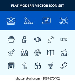 Modern, simple vector icon set with male, business, guitar, tripod, camera, medical, gym, laboratory, internet, online, workout, man, loud, web, cancel, bottle, fitness, crown, exercise, queen icons