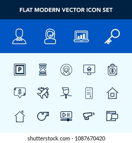 Modern, simple vector icon set with real, screen, house, airplane, estate, sign, winner, door, success, sand, transport, girl, face, gold, time, laptop, flight, young, street, medal, lady, plane icons