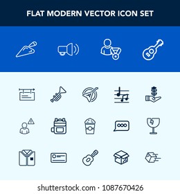 Modern, simple vector icon set with jazz, trumpet, shovel, coffee, nature, instrument, shop, string, tree, musical, equipment, alarm, drink, blank, guitar, banner, cup, shipping, leather, modern icons