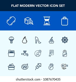 Modern, simple vector icon set with fresh, , bag, food, tap, people, skateboard, account, water, clock, nautical, shoe, high, rudder, hourglass, sand, ship, skate, accounting, financial, gift icons