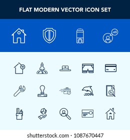 Modern, simple vector icon set with stationery, rocket, luxury, house, late, business, hat, cap, freelance, security, shuttle, space, wear, stamp, travel, shorts, estate, real, work, head, owner icons