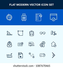 Modern, simple vector icon set with travel, fashion, note, professional, glasses, leather, drink, package, salon, bottle, page, traffic, box, stick, transport, water, sign, delivery, vehicle icons