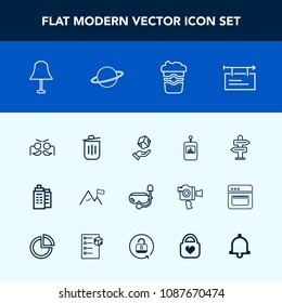 Modern, simple vector icon set with celebration, blank, box, building, lamp, real, shipping, remote, sign, package, control, bin, estate, holiday, billboard, coffee, business, tv, light, water icons