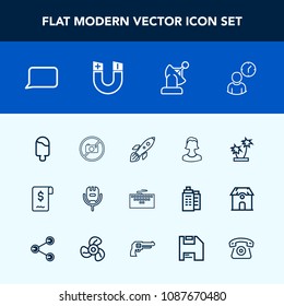 Modern, simple vector icon set with computer, forbidden, profile, song, nature, earth, home, clock, speech, shuttle, keyboard, ice, human, music, bubble, karaoke, work, palm, tree, science, talk icons