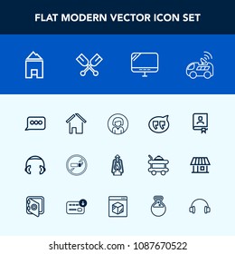 Modern, simple vector icon set with chat, contact, girl, sign, vintage, cigarette, boat, car, navigation, audio, face, estate, kerosene, lady, book, woman, lamp, office, sound, vehicle, young icons