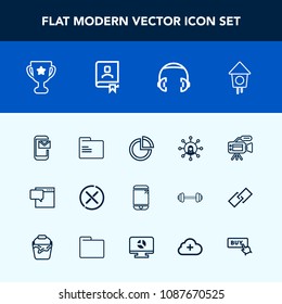 Modern, simple vector icon set with technology, blank, sign, audio, message, office, video, paper, camera, chart, award, screen, house, microphone, file, place, stop, lens, tripod, display, cell icons