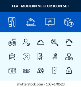 Modern, simple vector icon set with boat, user, technology, box, close, water, health, fashion, package, house, sign, cloud, internet, yacht, delete, find, web, transfer, button, object, sea icons