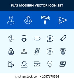Modern, simple vector icon set with pen, brush, clothing, clothes, open, medical, label, doctor, pencil, message, frame, protection, fashion, oar, human, circle, roll, boat, business, beauty icons