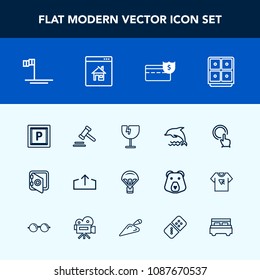 Modern, simple vector icon set with bank, wildlife, extreme, baja, jump, crash, button, law, touch, courthouse, lawyer, car, cash, window, transport, web, animal, coin, parachute, glass, ocean icons