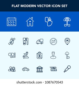 Modern, simple vector icon set with location, flame, transportation, map, bag, hygiene, canoe, route, mask, calendar, navigation, sea, equipment, umbrella, fire, business, diving, work, object icons