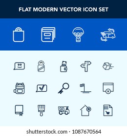 Modern, simple vector icon set with way, education, bag, present, key, package, backpack, money, delivery, spice, fast, sign, ingredient, shipping, parachute, smile, celebration, jump, library icons
