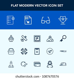 Modern, simple vector icon set with food, technology, aircraft, vehicle, human, award, plane, road, flight, drone, sea, reward, list, success, grass, car, job, travel, picnic, house, ship, door icons