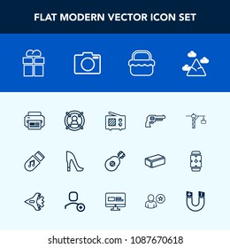 Modern, simple vector icon set with target, park, wireless, present, weapon, revolver, landscape, marketing, box, blue, handgun, radio, giftbox, grass, antenna, printer, storage, female, fashion icons