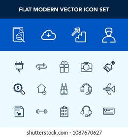 Modern, simple vector icon set with uniform, giftbox, concept, electric, gift, property, money, internet, upstairs, film, find, wear, web, replacement, camera, cloud, handle, cheque, male, box,  icons