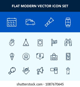 Modern, simple vector icon set with frame, adventure, cream, tent, space, dirt, camp, dessert, america, food, square, day, girl, schedule, telescope, minute, scale, calendar, face, temperature icons