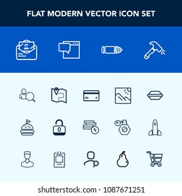 Modern, simple vector icon set with sandwich, plastic, cash, construction, account, burger, post, online, hamburger, shovel, unlock, envelope, internet, computer, mail, tomato, food, map, debit icons