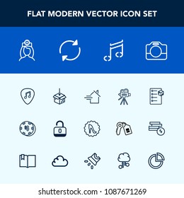 Modern, simple vector icon set with sound, fashion, musical, tripod, risk, nurse, property, frame, retro, movie, white, rent, video, circle, note, estate, game, casino, luck, open, gambling, box icons