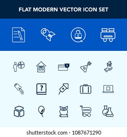 Modern, simple vector icon set with paper, rent, home, technology, music, cash, house, event, file, search, business, holiday, string, office, space, musical, bank, pen, people, instrument, book icons