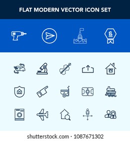 Modern, simple vector icon set with protection, sound, transportation, hand, delivery, estate, mask, car, cello, pointing, first, people, biology, place, showing, medieval, upload, castle, award icons