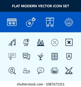 Modern, simple vector icon set with forest, environment, electricity, glass, danger, sound, stereo, concept, equipment, cocktail, interior, help, certificate, vision, drink, closed, summer, reel icons