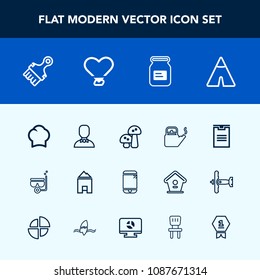 Modern, simple vector icon set with kettle, summer, cell, container, metal, steam, award, camp, chief, package, mask, male, love, travel, shipping, food, house, mushroom, outdoor, nature, chef,  icons