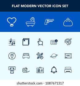 Modern, simple vector icon set with love, finger, style, web, note, revolver, location, interior, communication, leather, heart, fashion, button, sign, click, satellite, instrument, alarm, folk icons