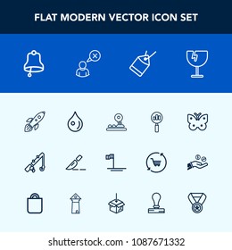 Modern, simple vector icon set with reel, abstract, alarm, ocean, space, medical, fishing, glass, insect, baja, wing, sport, doctor, search, liquid, arrow, butterfly, fish, find, bell, rain, tag icons