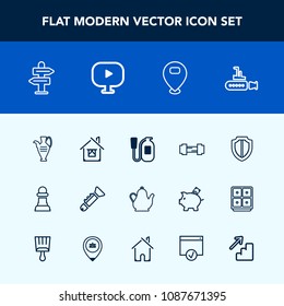 Modern, simple vector icon set with ocean, exercise, strategy, decoration, kitchen, estate, sport, security, tea, bugle, building, sea, protection, undersea, musical, emergency, arrow, direction icons