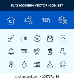 Modern, simple vector icon set with bell, video, home, weight, trolley, rail, movie, purse, school, house, alarm, train, cash, sky, lock, telephone, education, old, vintage, package, alert, cart icons