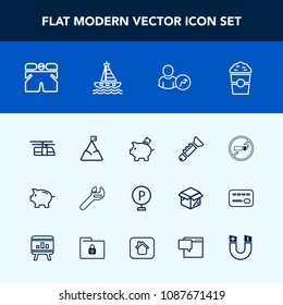 Modern, simple vector icon set with rail, sea, cafe, template, fashion, trumpet, spanner, white, transportation, drink, wrench, tool, equipment, investment, bank, landscape, shorts, jazz, car icons