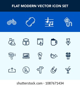 Modern, simple vector icon set with graphic, cycle, flower, sky, bicycle, web, phone, medicine, internet, joy, drink, laptop, kite, summer, chart, wheel, equipment, screen, website, coffee, film icons